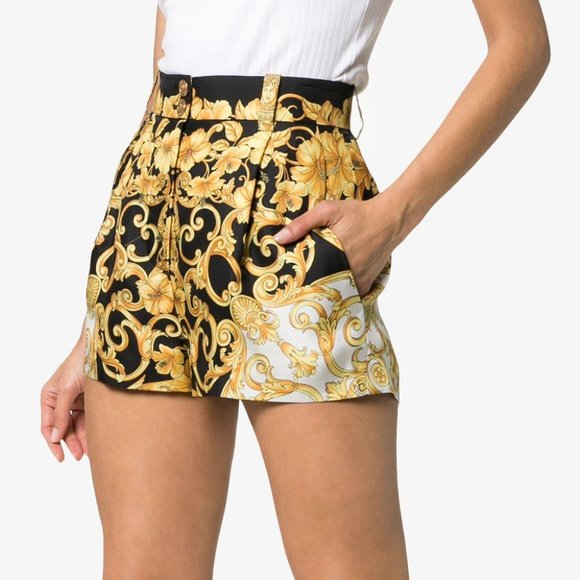 Versace Pants - Versace Baroque-print silk high waisted shorts